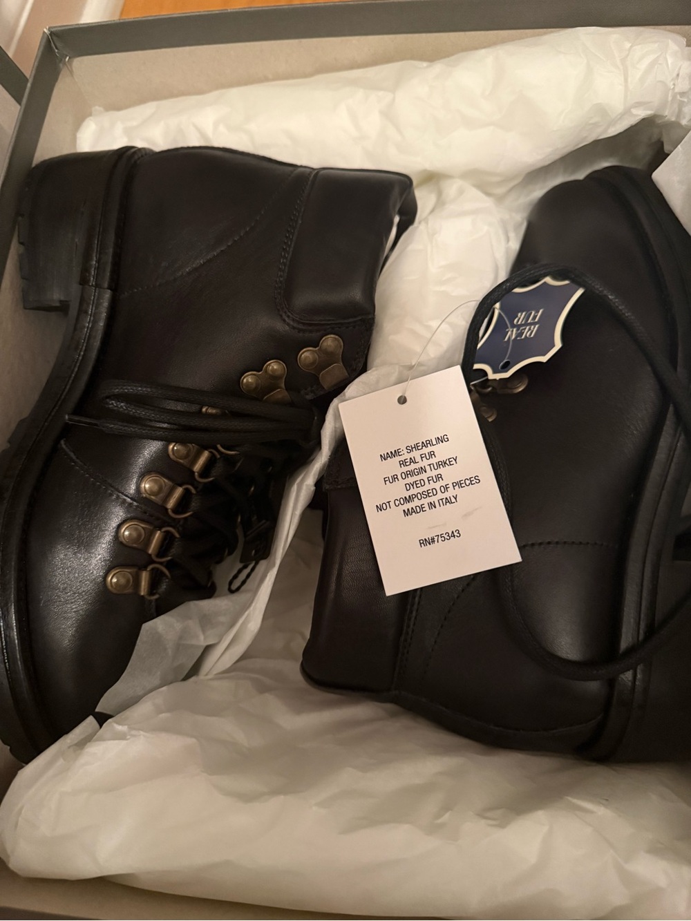 NWB BOEMOS Italy Black Leather Lace Up Shearling Boots Sz 36 / US 6